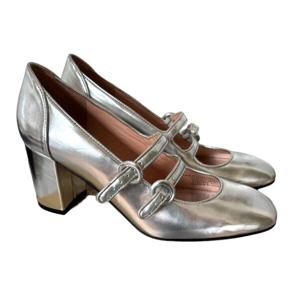 J.‎ CREW MAISIE MARY JANE HEELS SILVER METALLIC SIZE 8 1/2 LIKE NEW - Picture 2 of 6